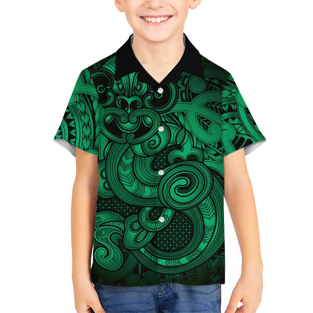 Aotearoa Maori Hei Tiki Family Matching Off Shoulder Short Dress and Hawaiian Shirt Kakariki Kowhaiwhai Puhoro Motif LT9 Son's Shirt Green - Polynesian Pride