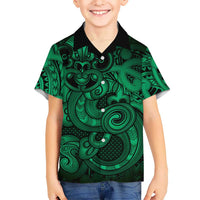 Aotearoa Maori Hei Tiki Family Matching Off Shoulder Short Dress and Hawaiian Shirt Kakariki Kowhaiwhai Puhoro Motif LT9 Son's Shirt Green - Polynesian Pride
