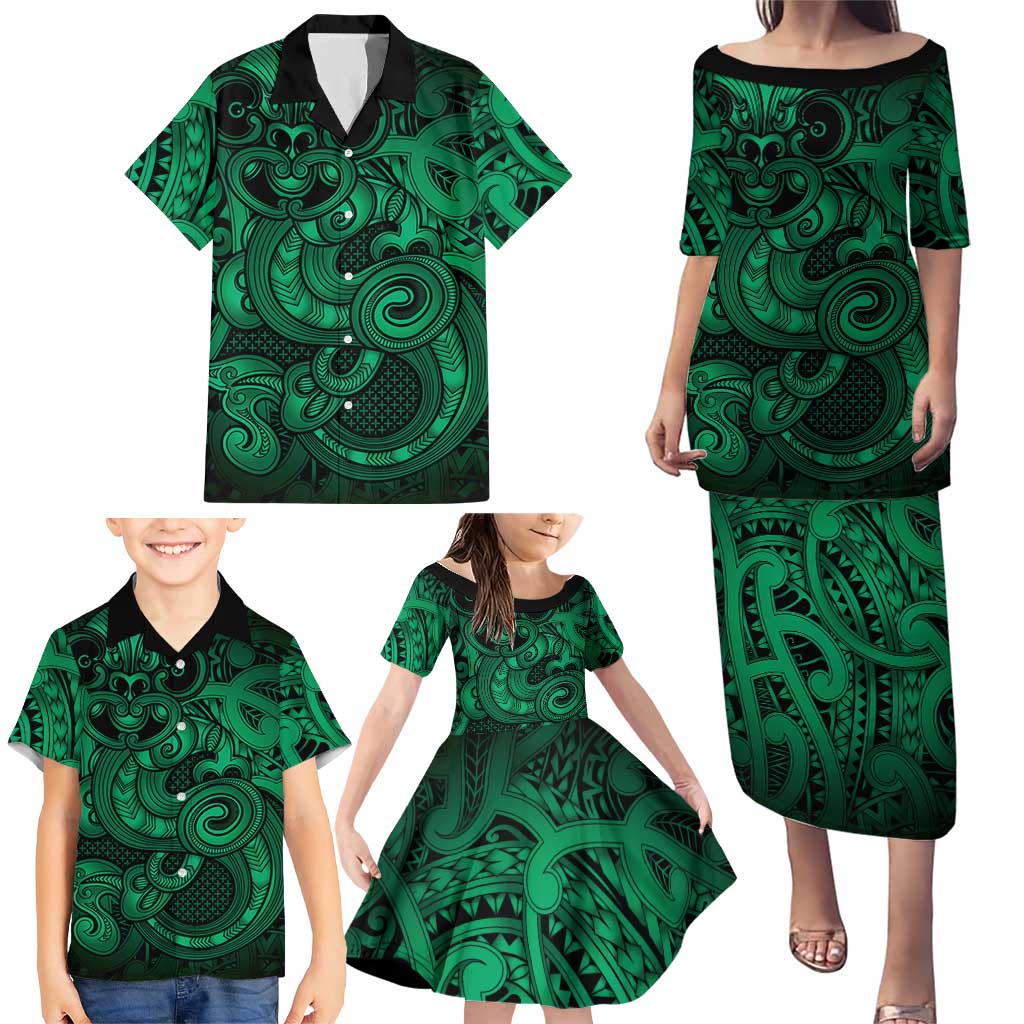Aotearoa Maori Hei Tiki Family Matching Puletasi and Hawaiian Shirt Kakariki Kowhaiwhai Puhoro Motif LT9 - Polynesian Pride