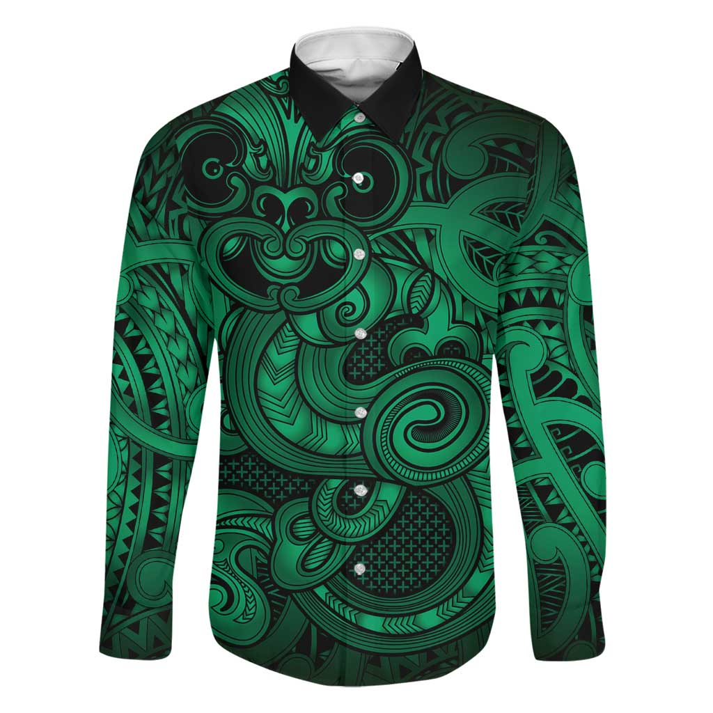Aotearoa Maori Hei Tiki Family Matching Summer Maxi Dress and Hawaiian Shirt Kakariki Kowhaiwhai Puhoro Motif LT9 Dad's Shirt - Long Sleeve Green - Polynesian Pride