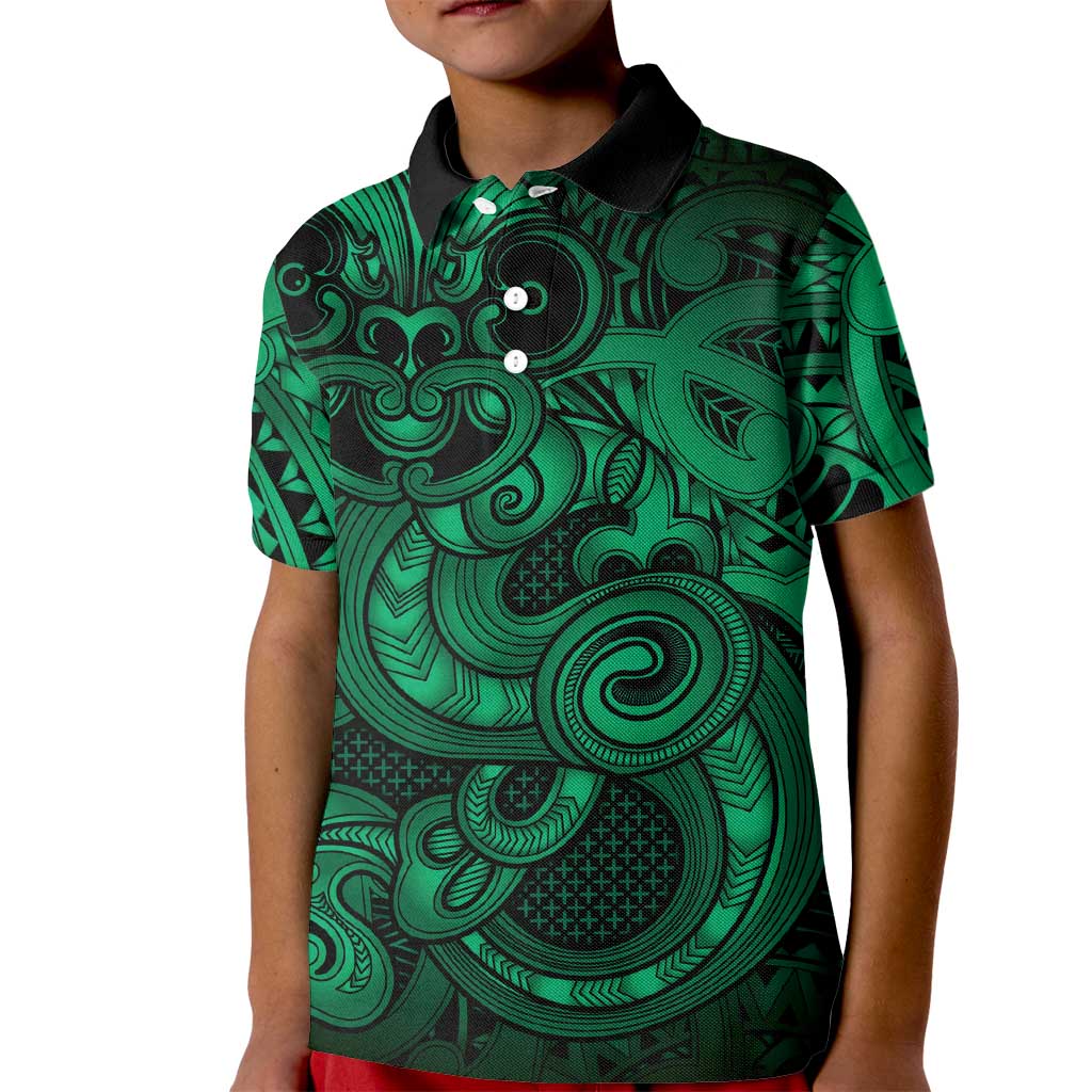 Aotearoa Maori Hei Tiki Kid Polo Shirt Kakariki Kowhaiwhai Puhoro Motif LT9 Kid Green - Polynesian Pride