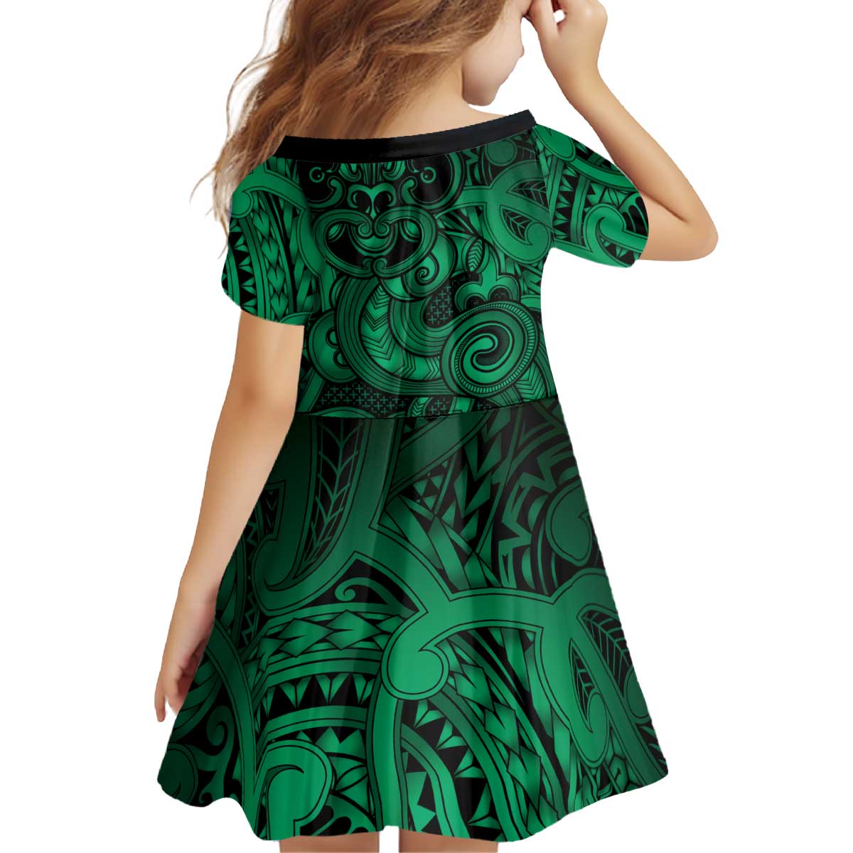 Aotearoa Maori Hei Tiki Kid Short Sleeve Dress Kakariki Kowhaiwhai Puhoro Motif LT9 - Polynesian Pride