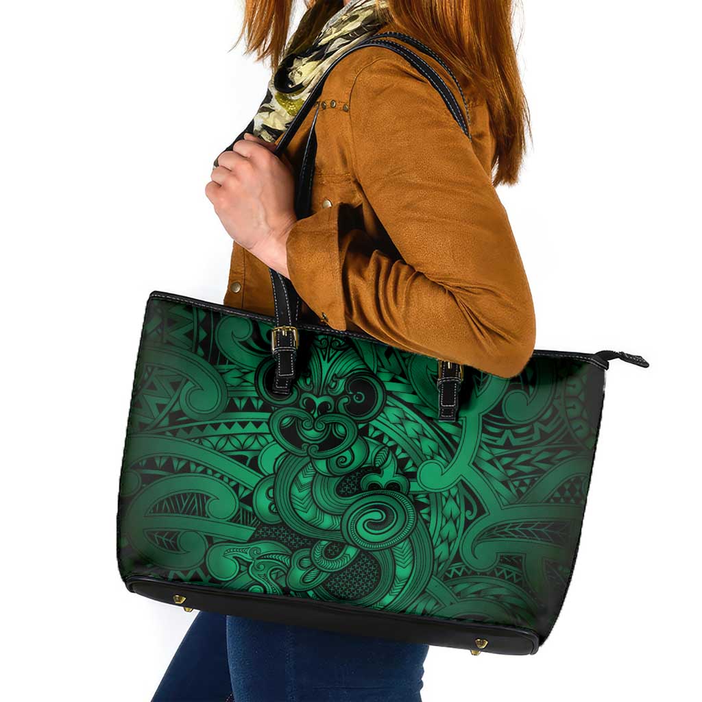 Aotearoa Maori Hei Tiki Leather Tote Bag Kakariki Kowhaiwhai Puhoro Motif LT9 Green - Polynesian Pride