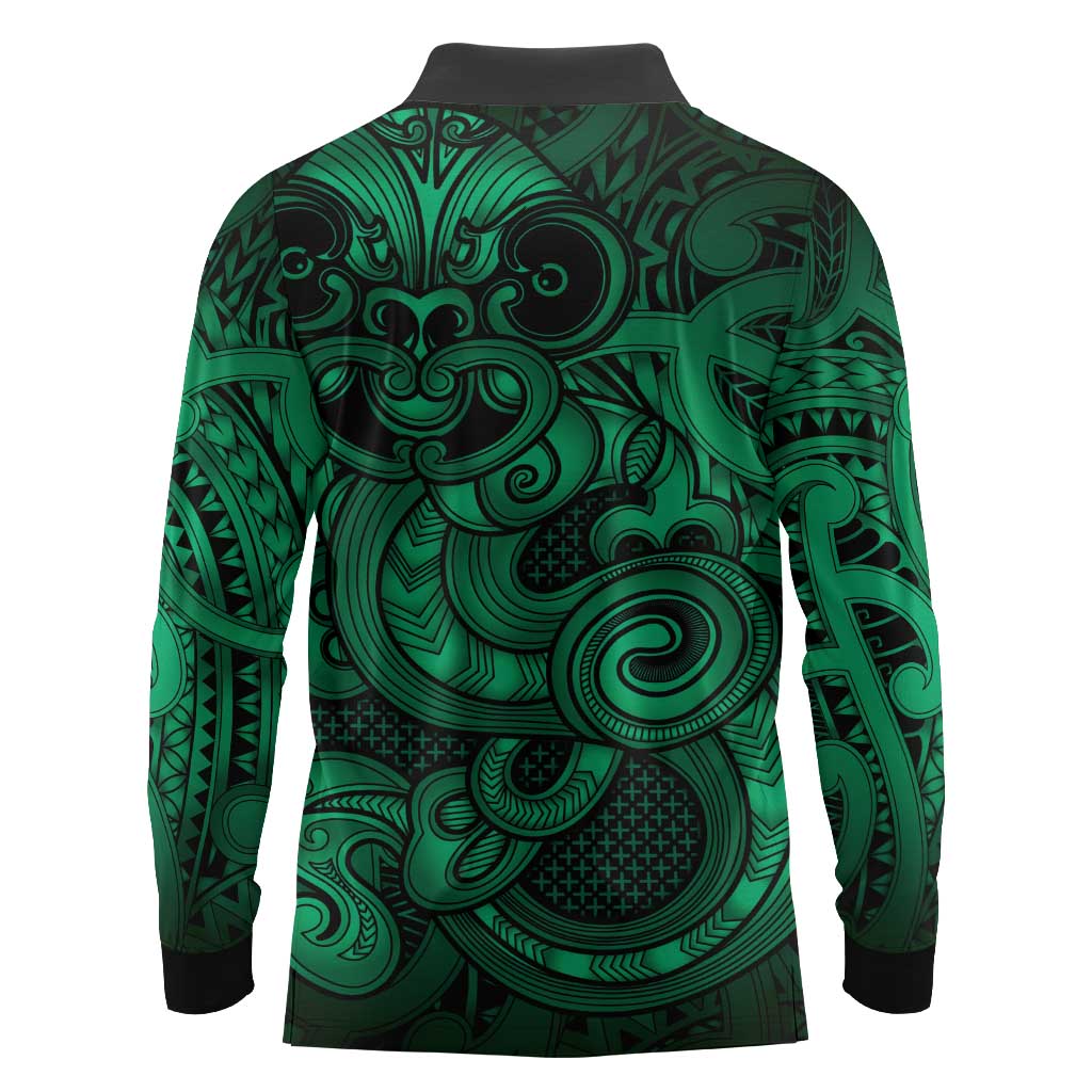 Aotearoa Maori Hei Tiki Long Sleeve Polo Shirt Kakariki Kowhaiwhai Puhoro Motif LT9 - Polynesian Pride