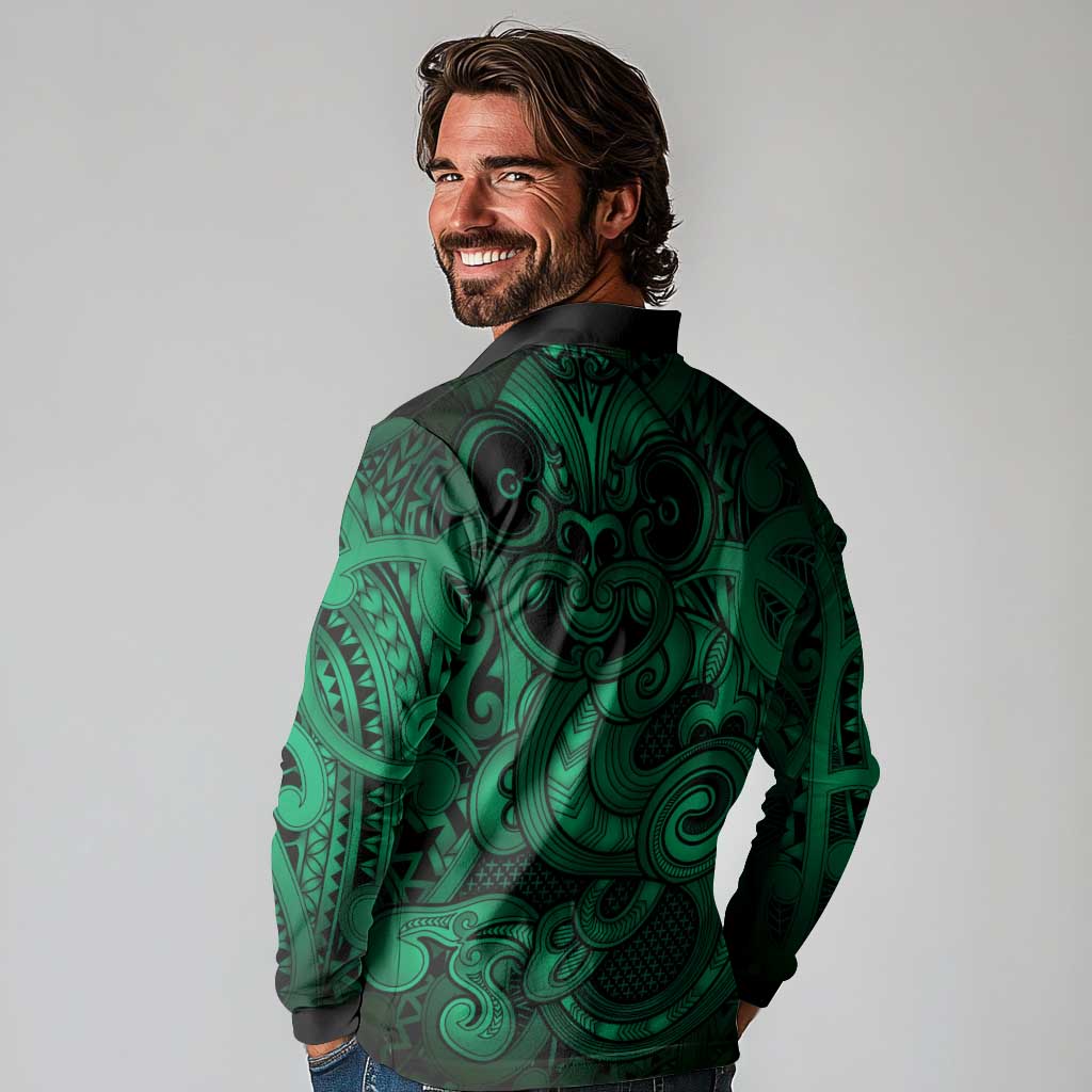 Aotearoa Maori Hei Tiki Long Sleeve Polo Shirt Kakariki Kowhaiwhai Puhoro Motif LT9 - Polynesian Pride