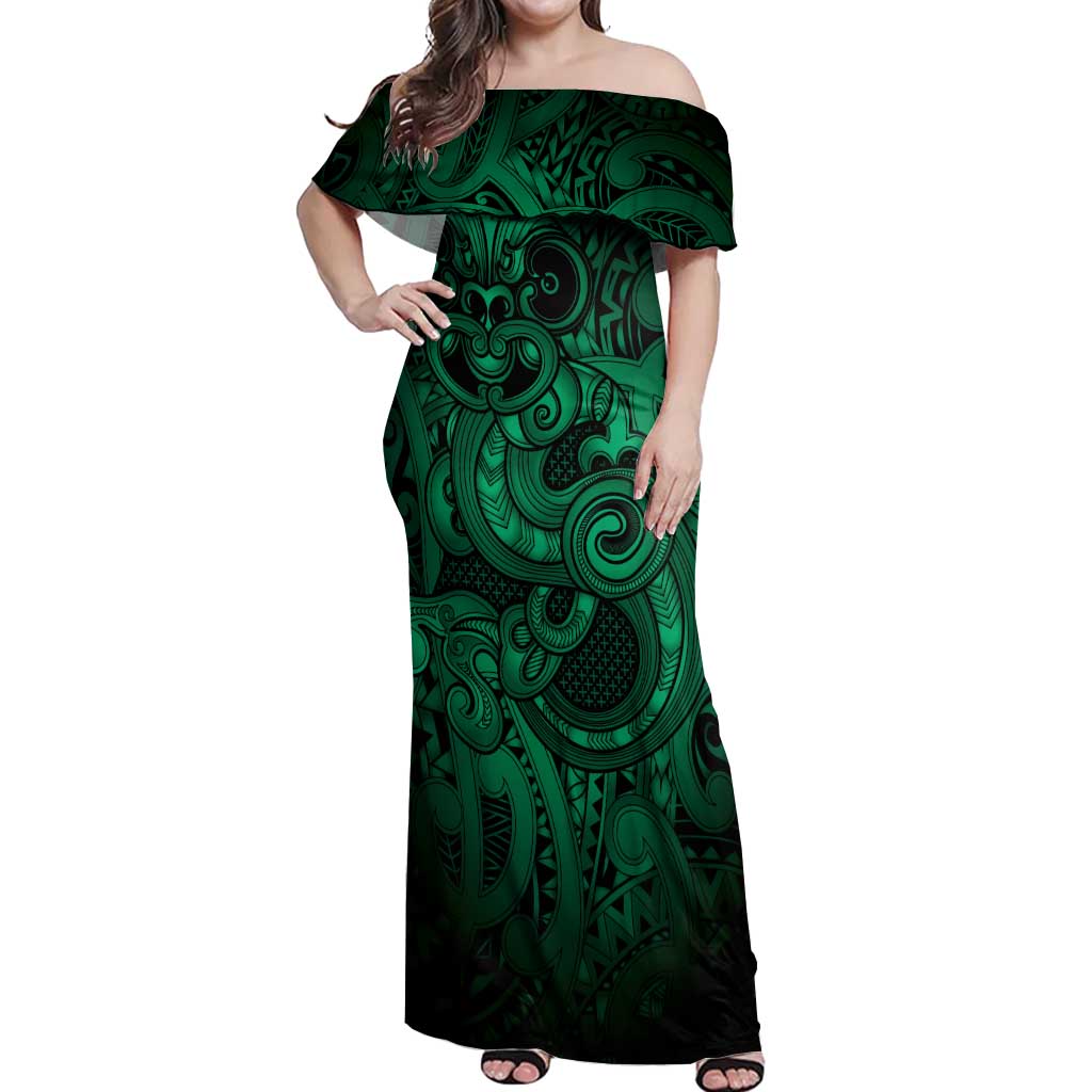 Aotearoa Maori Hei Tiki Off Shoulder Maxi Dress Kakariki Kowhaiwhai Puhoro Motif LT9 Women Green - Polynesian Pride