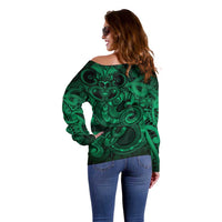Aotearoa Maori Hei Tiki Off Shoulder Sweater Kakariki Kowhaiwhai Puhoro Motif LT9 - Polynesian Pride