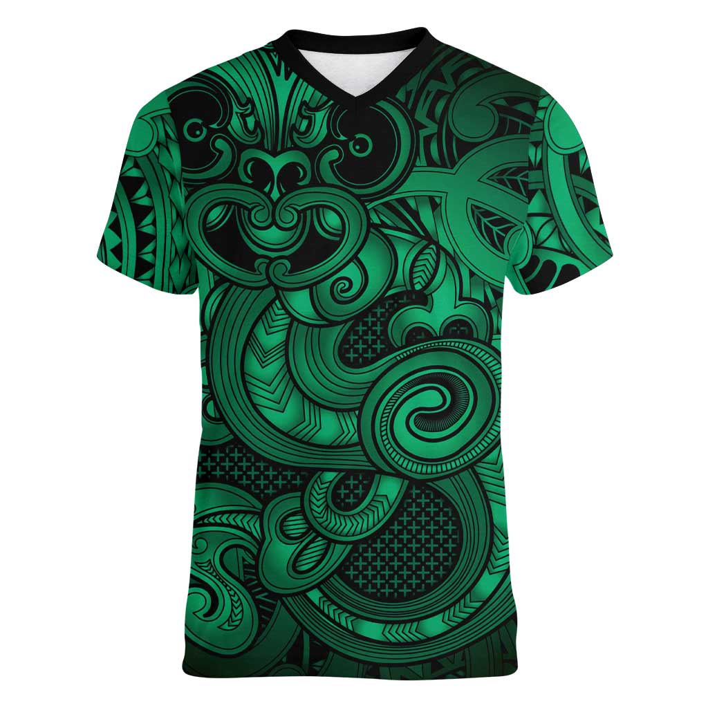 Aotearoa Maori Hei Tiki Women V-Neck T-Shirt Kakariki Kowhaiwhai Puhoro Motif