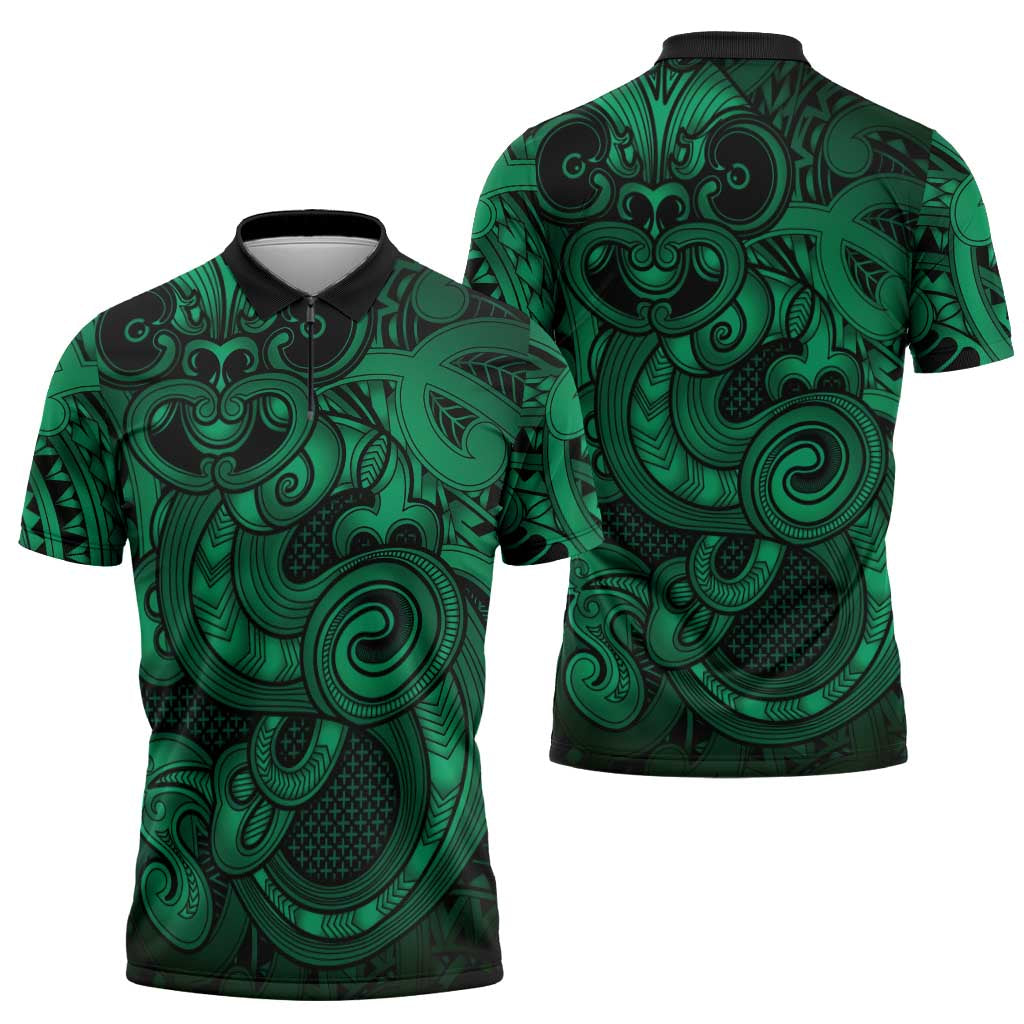 Aotearoa Maori Hei Tiki Zipper Polo Shirt Kakariki Kowhaiwhai Puhoro Motif LT9 - Polynesian Pride