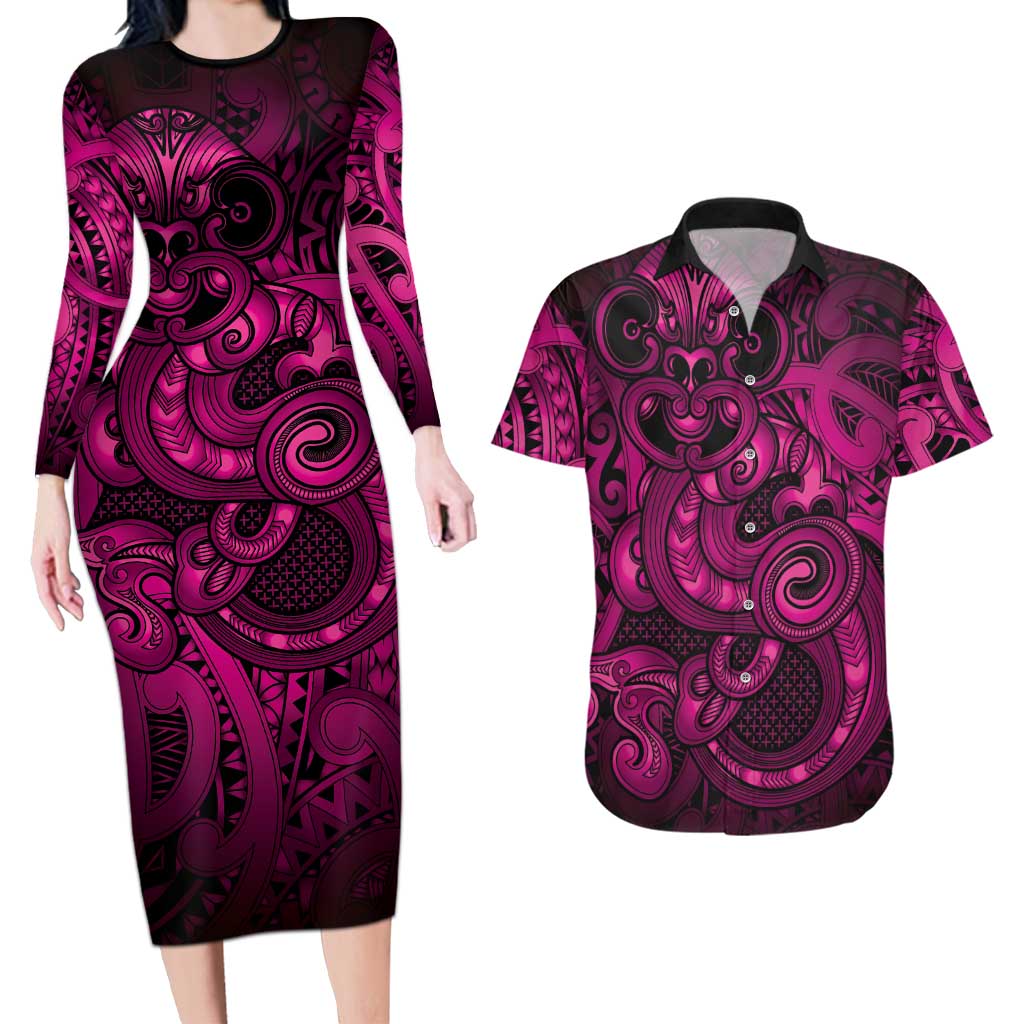 Aotearoa Maori Hei Tiki Couples Matching Long Sleeve Bodycon Dress and Hawaiian Shirt Mawhero Kowhaiwhai Puhoro Motif LT9 Pink - Polynesian Pride