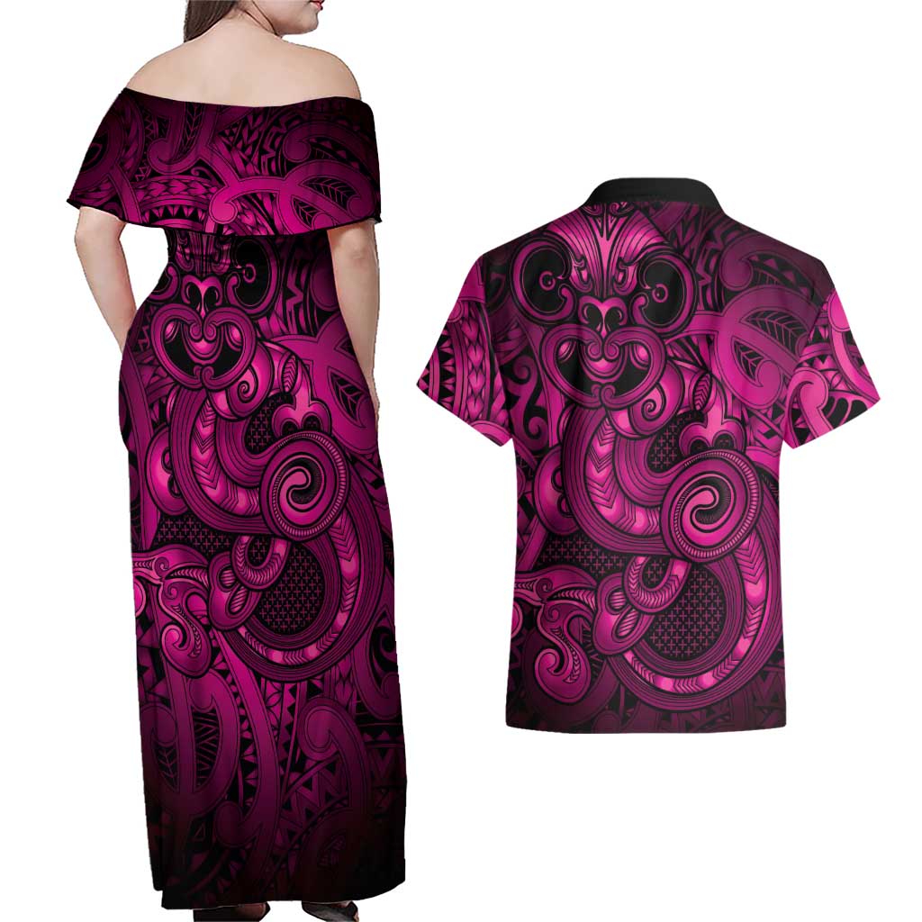 Aotearoa Maori Hei Tiki Couples Matching Off Shoulder Maxi Dress and Hawaiian Shirt Mawhero Kowhaiwhai Puhoro Motif LT9 - Polynesian Pride