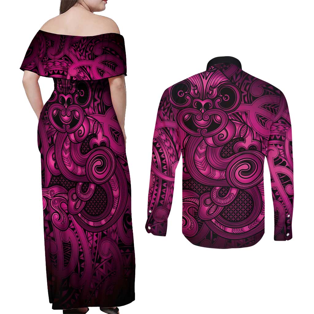 Aotearoa Maori Hei Tiki Couples Matching Off Shoulder Maxi Dress and Long Sleeve Button Shirt Mawhero Kowhaiwhai Puhoro Motif LT9 - Polynesian Pride