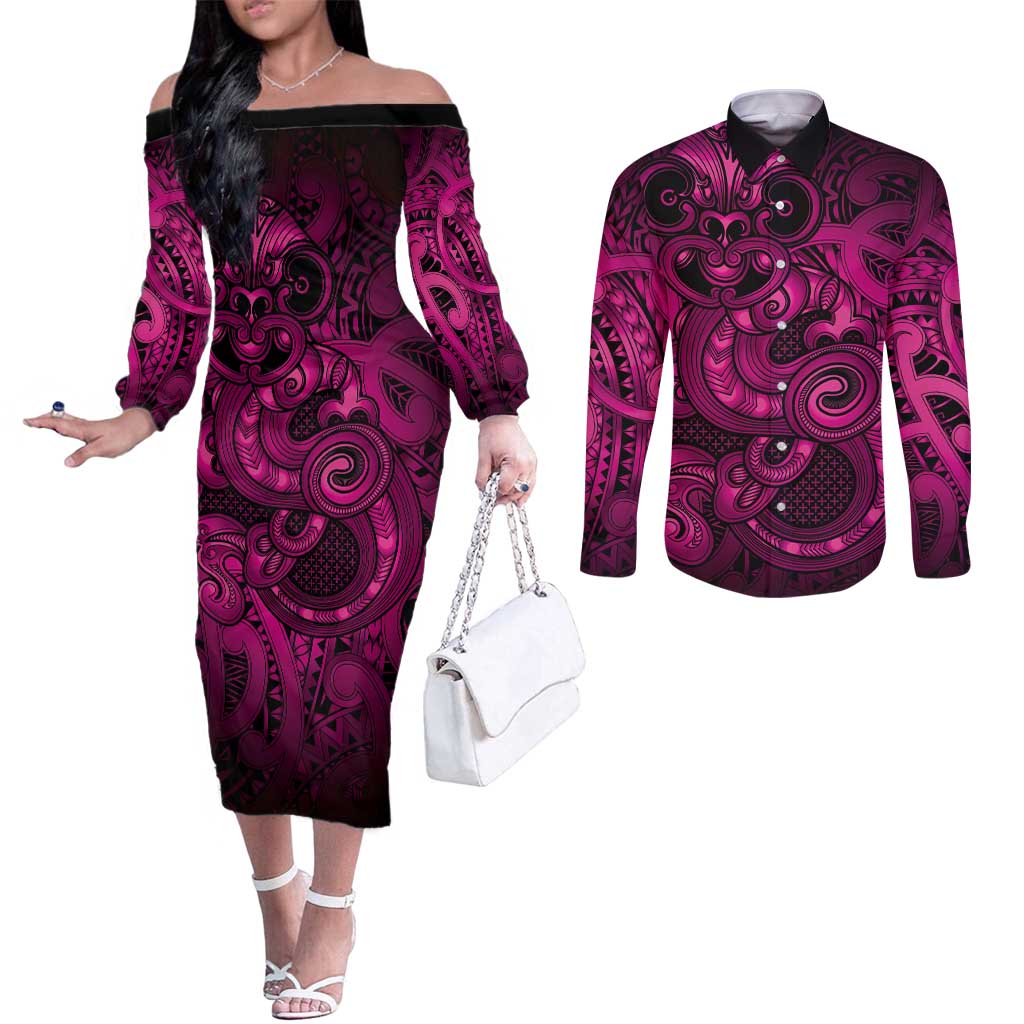 Aotearoa Maori Hei Tiki Couples Matching Off The Shoulder Long Sleeve Dress and Long Sleeve Button Shirt Mawhero Kowhaiwhai Puhoro Motif LT9 Pink - Polynesian Pride