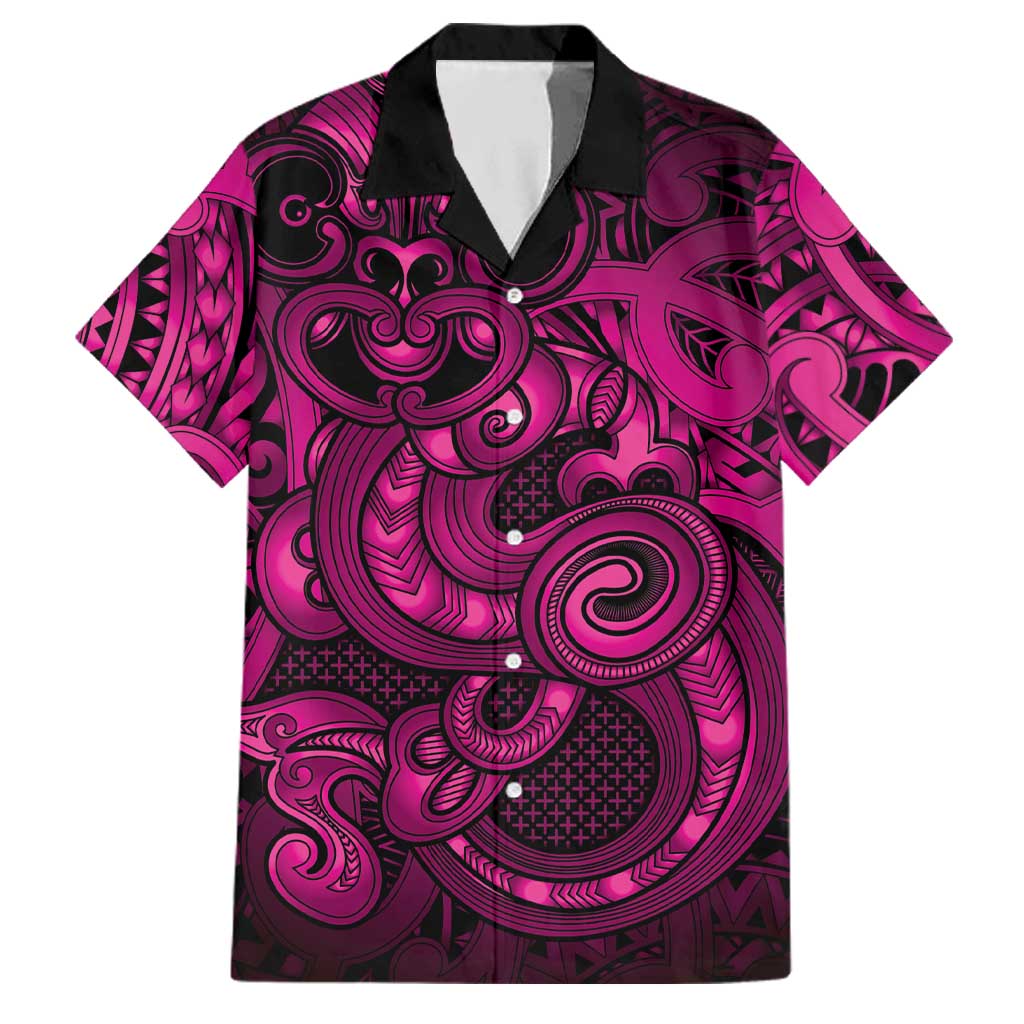 Aotearoa Maori Hei Tiki Family Matching Off The Shoulder Long Sleeve Dress and Hawaiian Shirt Mawhero Kowhaiwhai Puhoro Motif LT9 Dad's Shirt - Short Sleeve Pink - Polynesian Pride