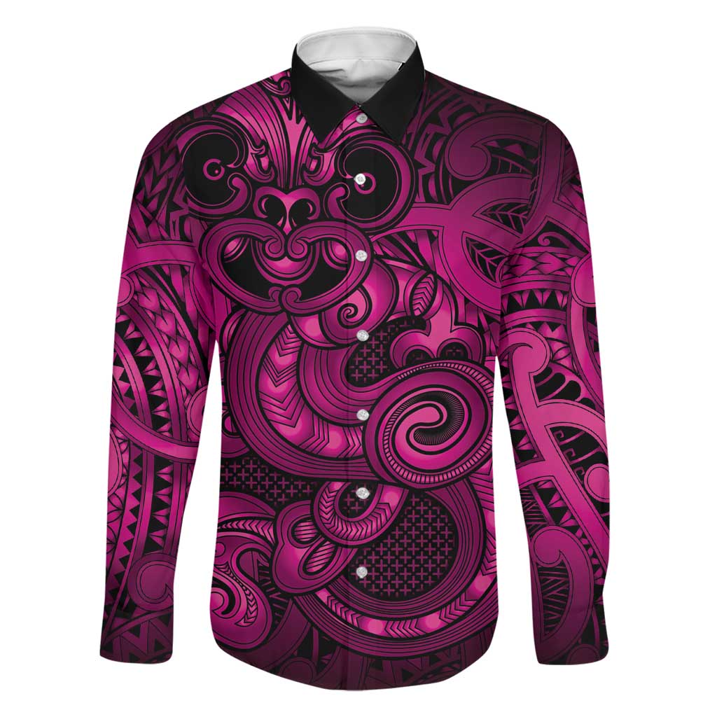 Aotearoa Maori Hei Tiki Family Matching Short Sleeve Bodycon Dress and Hawaiian Shirt Mawhero Kowhaiwhai Puhoro Motif LT9 Dad's Shirt - Long Sleeve Pink - Polynesian Pride