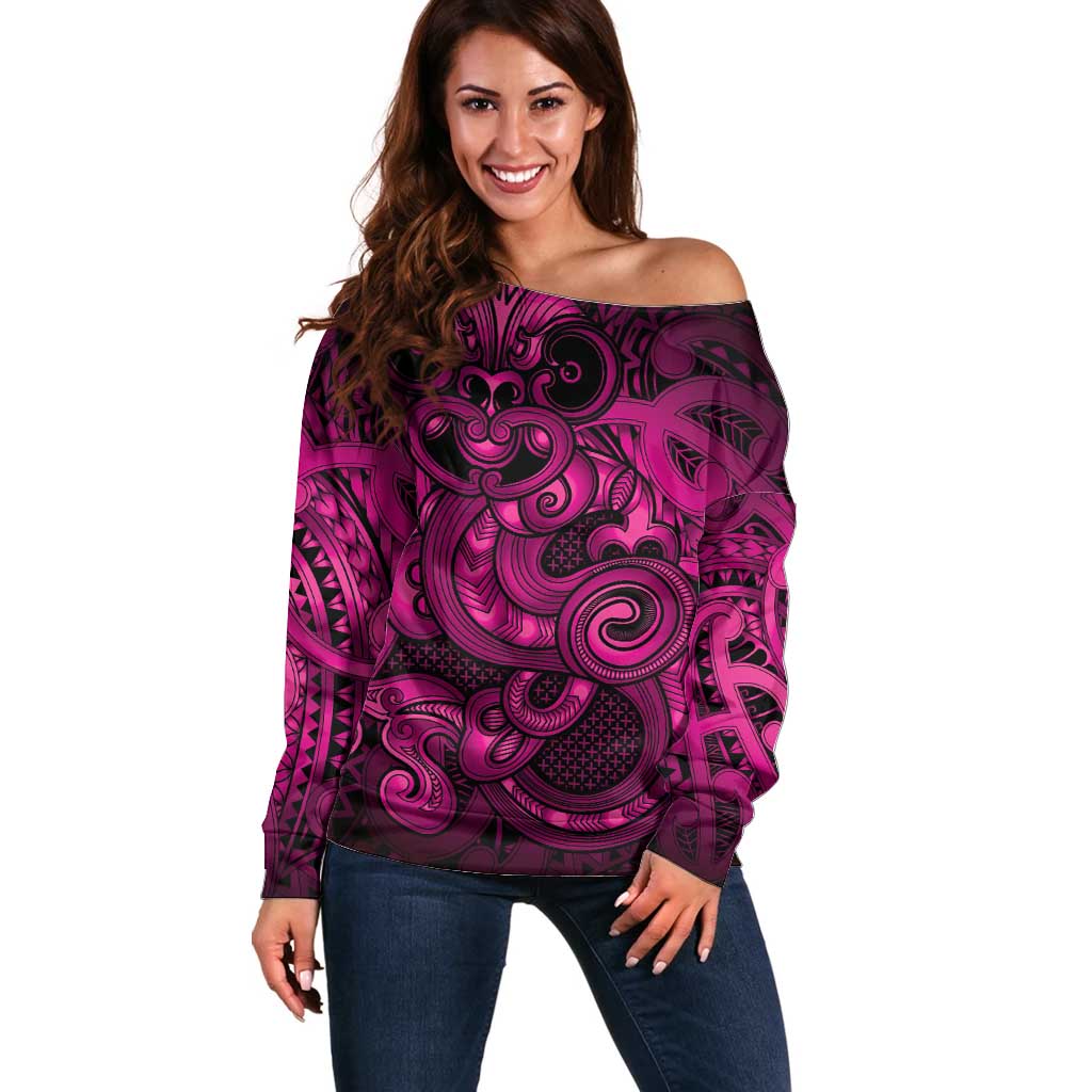 Aotearoa Maori Hei Tiki Off Shoulder Sweater Mawhero Kowhaiwhai Puhoro Motif LT9 Women Pink - Polynesian Pride