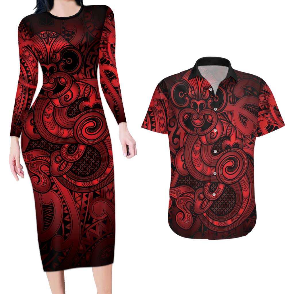 Aotearoa Maori Hei Tiki Couples Matching Long Sleeve Bodycon Dress and Hawaiian Shirt Whero Kowhaiwhai Puhoro Motif LT9 Red - Polynesian Pride