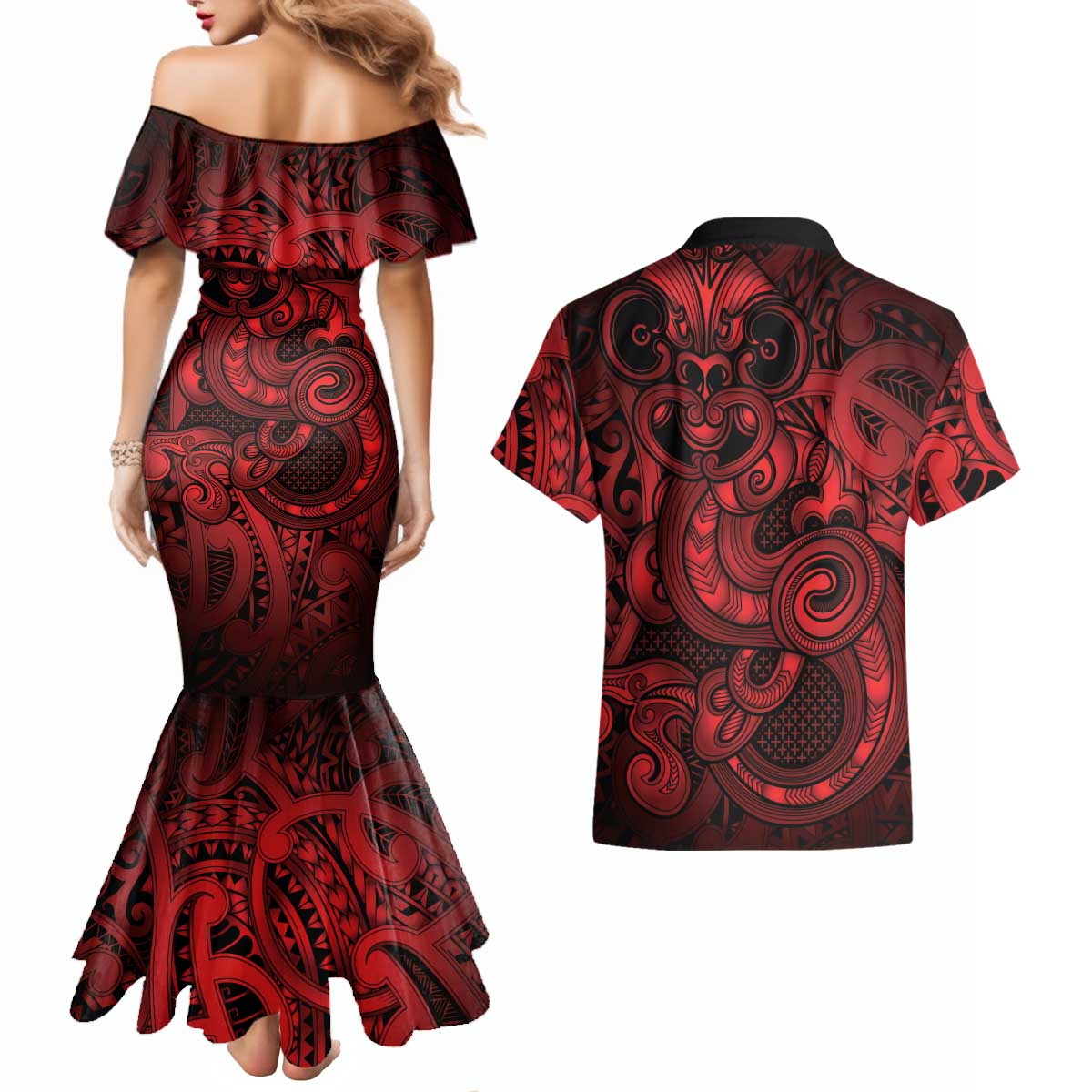 Aotearoa Maori Hei Tiki Couples Matching Mermaid Dress and Hawaiian Shirt Whero Kowhaiwhai Puhoro Motif LT9 - Polynesian Pride