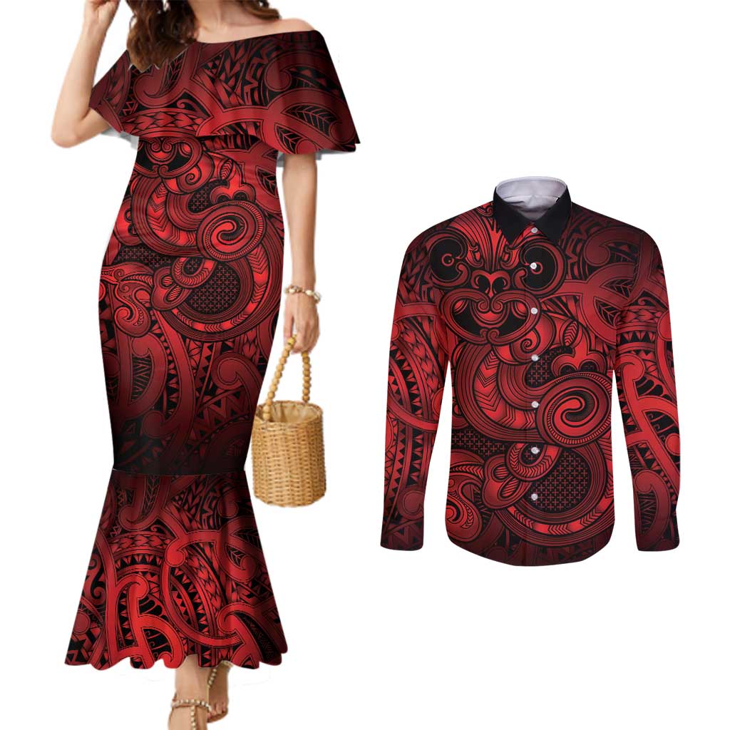 Aotearoa Maori Hei Tiki Couples Matching Mermaid Dress and Long Sleeve Button Shirt Whero Kowhaiwhai Puhoro Motif