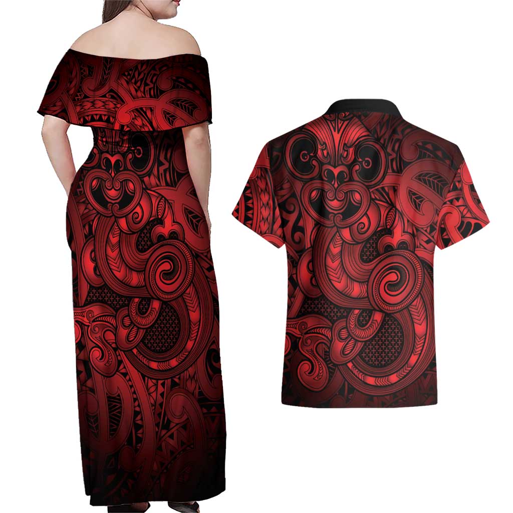 Aotearoa Maori Hei Tiki Couples Matching Off Shoulder Maxi Dress and Hawaiian Shirt Whero Kowhaiwhai Puhoro Motif LT9 - Polynesian Pride