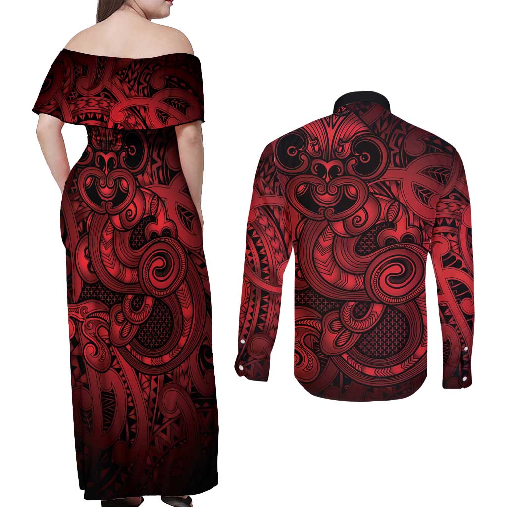 Aotearoa Maori Hei Tiki Couples Matching Off Shoulder Maxi Dress and Long Sleeve Button Shirt Whero Kowhaiwhai Puhoro Motif LT9 - Polynesian Pride