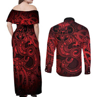 Aotearoa Maori Hei Tiki Couples Matching Off Shoulder Maxi Dress and Long Sleeve Button Shirt Whero Kowhaiwhai Puhoro Motif LT9 - Polynesian Pride