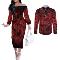 Aotearoa Maori Hei Tiki Couples Matching Off The Shoulder Long Sleeve Dress and Long Sleeve Button Shirt Whero Kowhaiwhai Puhoro Motif LT9 Red - Polynesian Pride