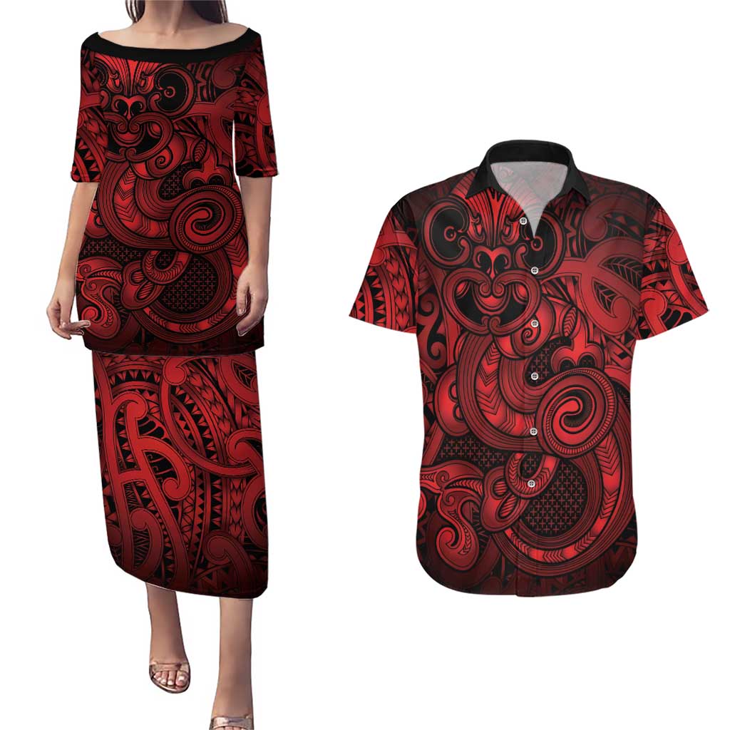Aotearoa Maori Hei Tiki Couples Matching Puletasi and Hawaiian Shirt Whero Kowhaiwhai Puhoro Motif LT9 Red - Polynesian Pride
