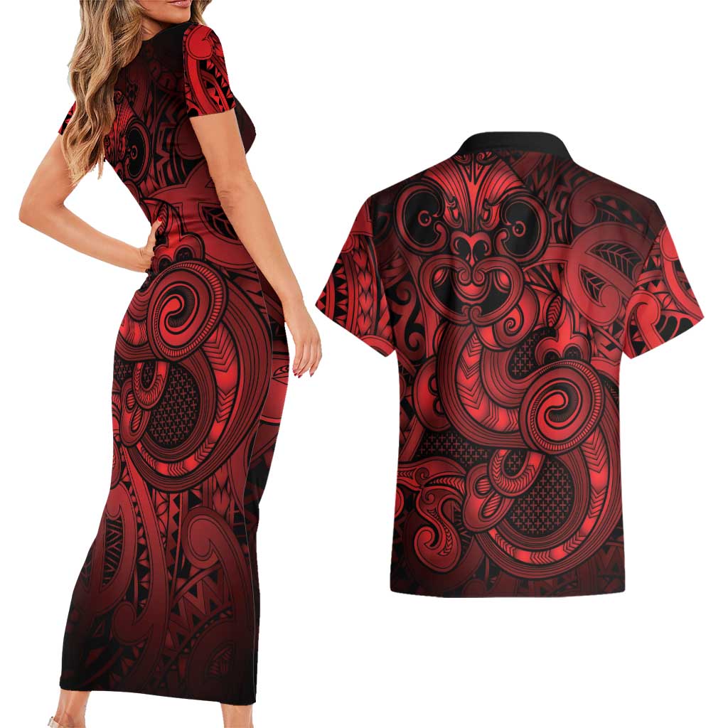 Aotearoa Maori Hei Tiki Couples Matching Short Sleeve Bodycon Dress and Hawaiian Shirt Whero Kowhaiwhai Puhoro Motif LT9 - Polynesian Pride