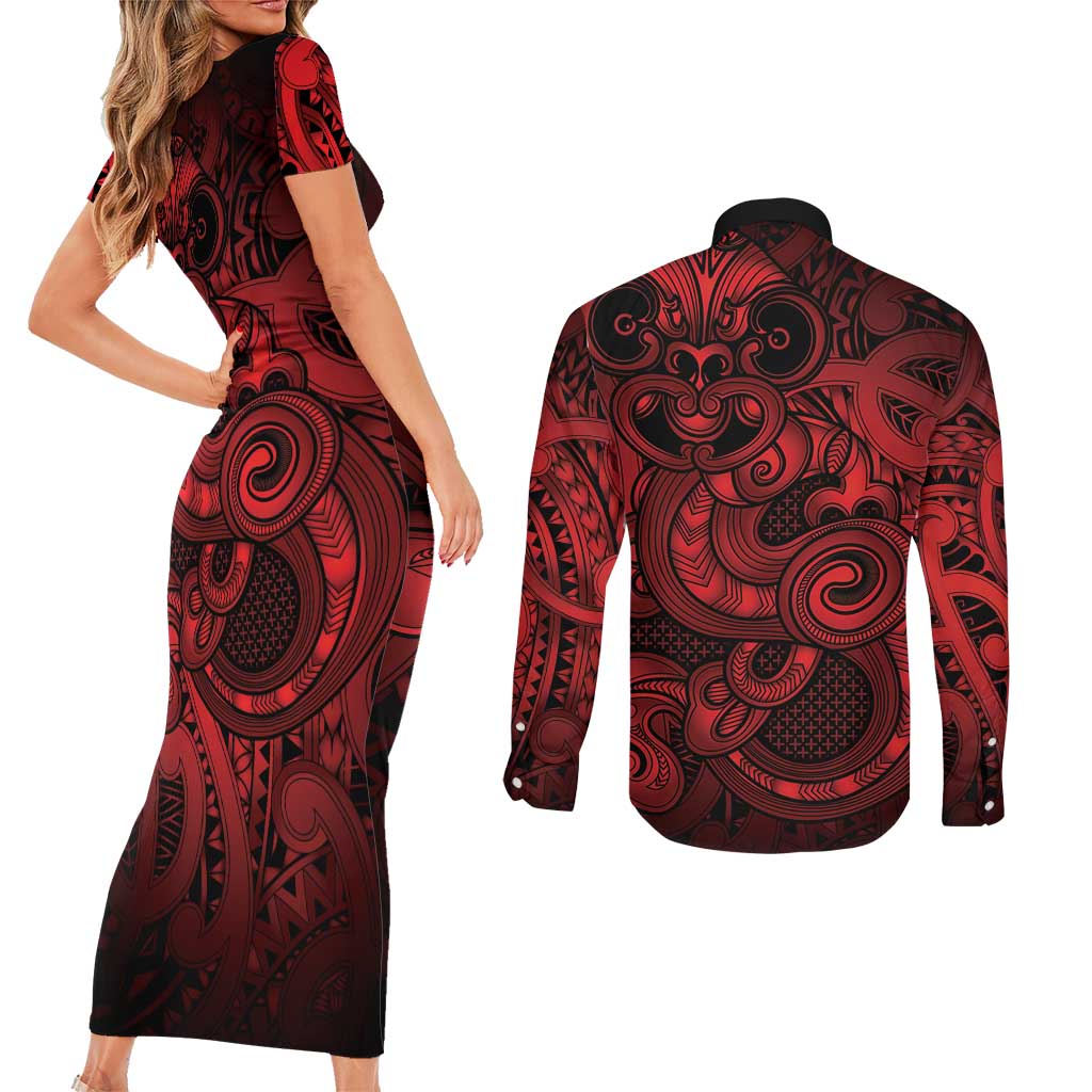 Aotearoa Maori Hei Tiki Couples Matching Short Sleeve Bodycon Dress and Long Sleeve Button Shirt Whero Kowhaiwhai Puhoro Motif LT9 - Polynesian Pride