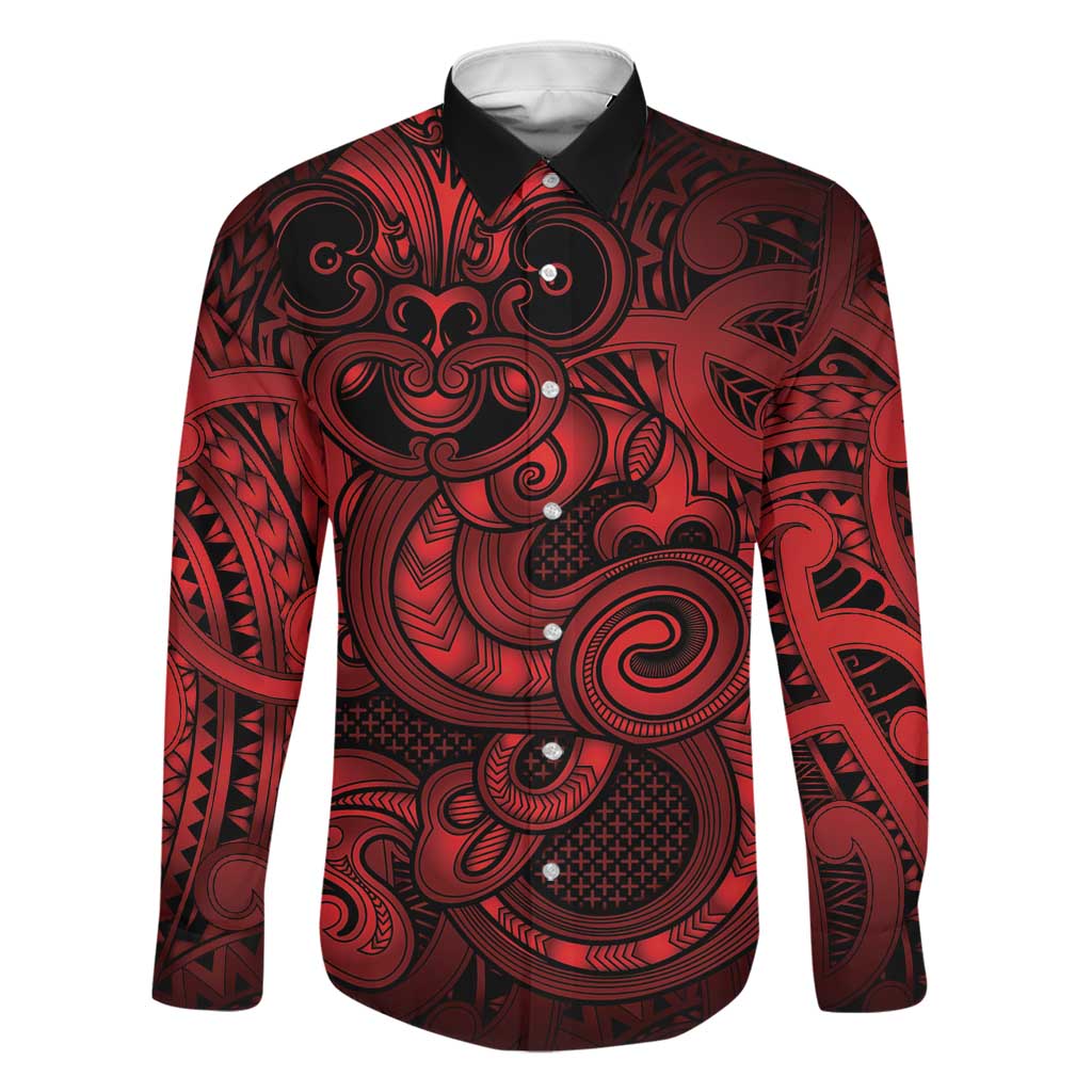 Aotearoa Maori Hei Tiki Family Matching Mermaid Dress and Hawaiian Shirt Whero Kowhaiwhai Puhoro Motif LT9 Dad's Shirt - Long Sleeve Red - Polynesian Pride