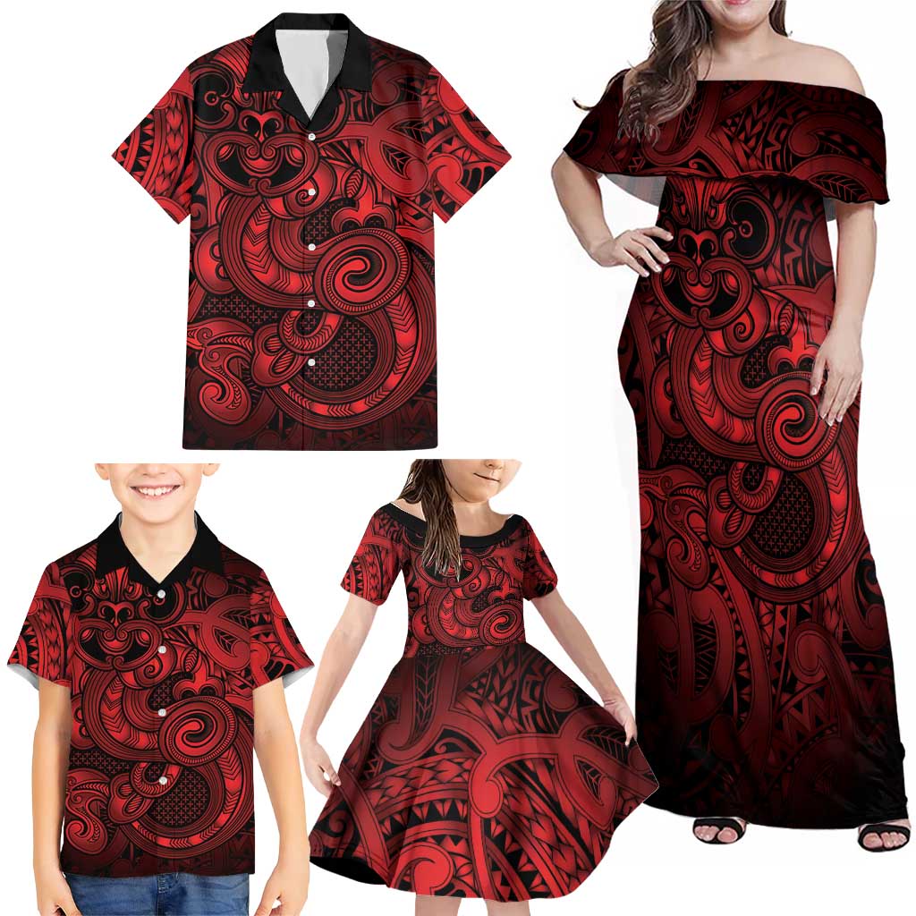 Aotearoa Maori Hei Tiki Family Matching Off Shoulder Maxi Dress and Hawaiian Shirt Whero Kowhaiwhai Puhoro Motif LT9 - Polynesian Pride