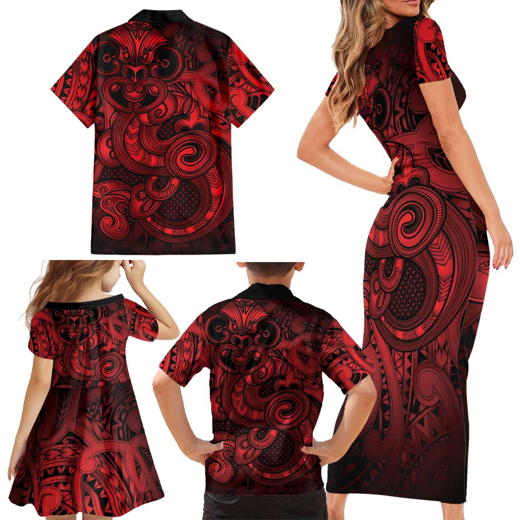 Aotearoa Maori Hei Tiki Family Matching Short Sleeve Bodycon Dress and Hawaiian Shirt Whero Kowhaiwhai Puhoro Motif LT9 - Polynesian Pride