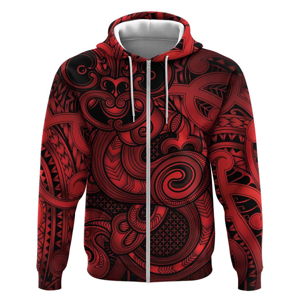 Aotearoa Maori Hei Tiki Hoodie Whero Kowhaiwhai Puhoro Motif LT9 Zip Hoodie Red - Polynesian Pride