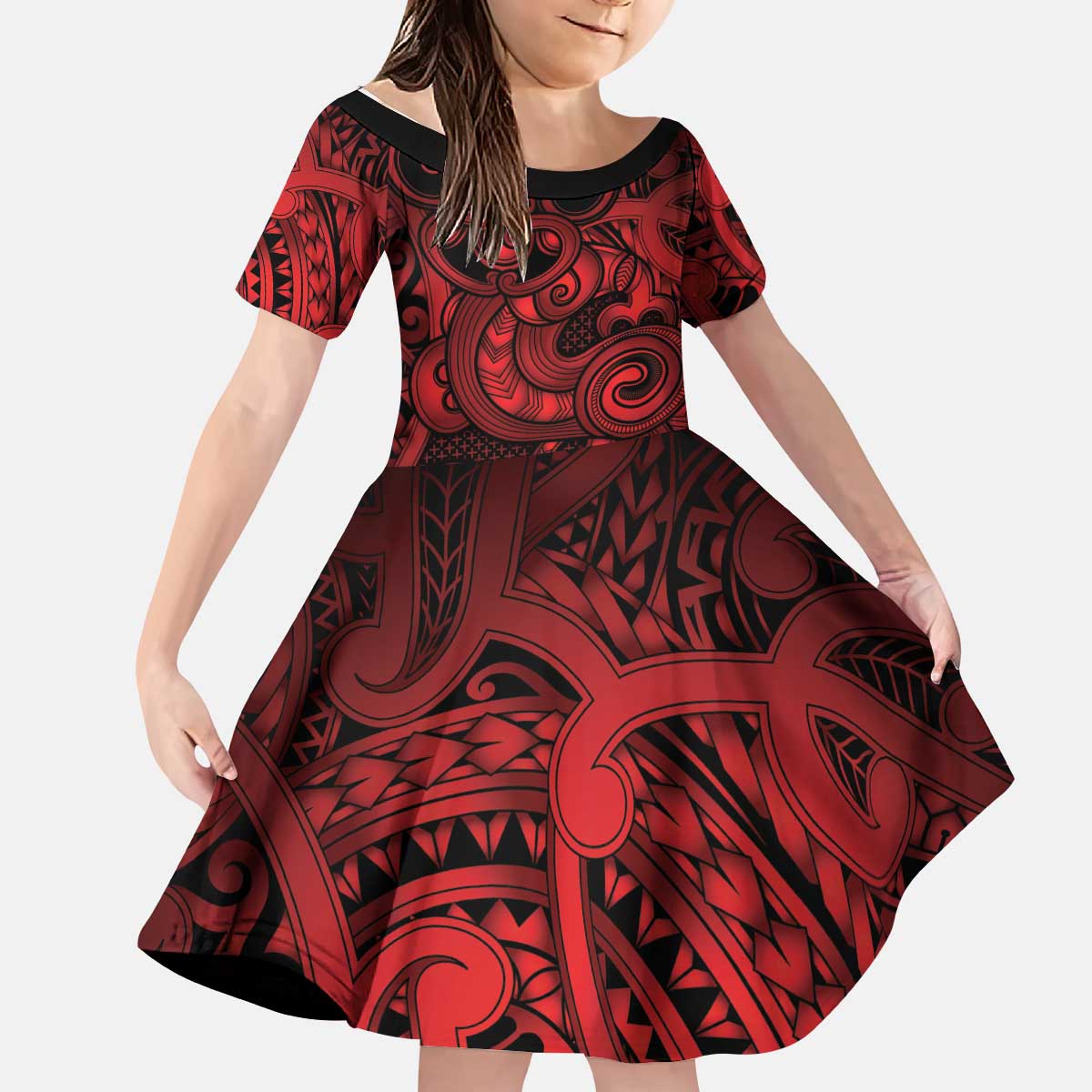 Aotearoa Maori Hei Tiki Kid Short Sleeve Dress Whero Kowhaiwhai Puhoro Motif LT9 KID Red - Polynesian Pride
