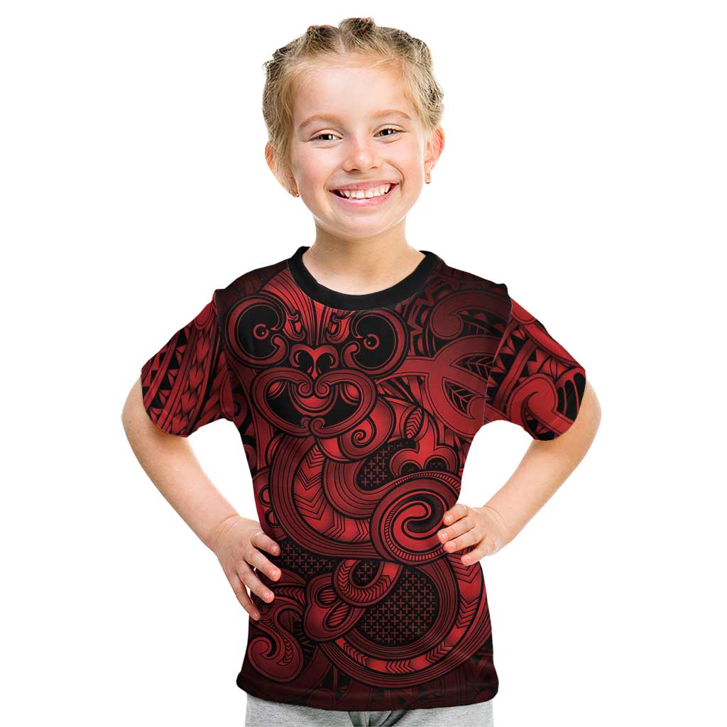 Aotearoa Maori Hei Tiki Kid T Shirt Whero Kowhaiwhai Puhoro Motif LT9 Red - Polynesian Pride