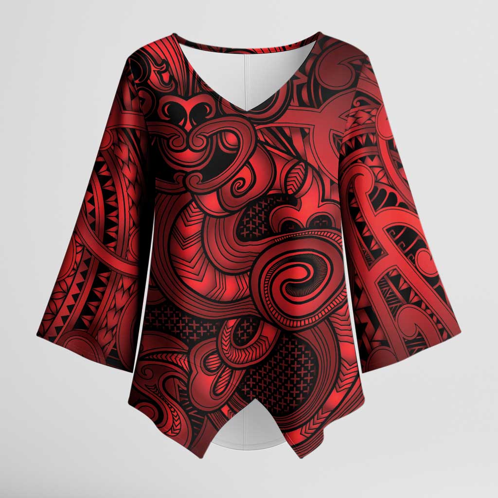 Aotearoa Maori Hei Tiki Kimono Sleeve Blouse Whero Kowhaiwhai Puhoro Motif LT9 Female Red - Polynesian Pride