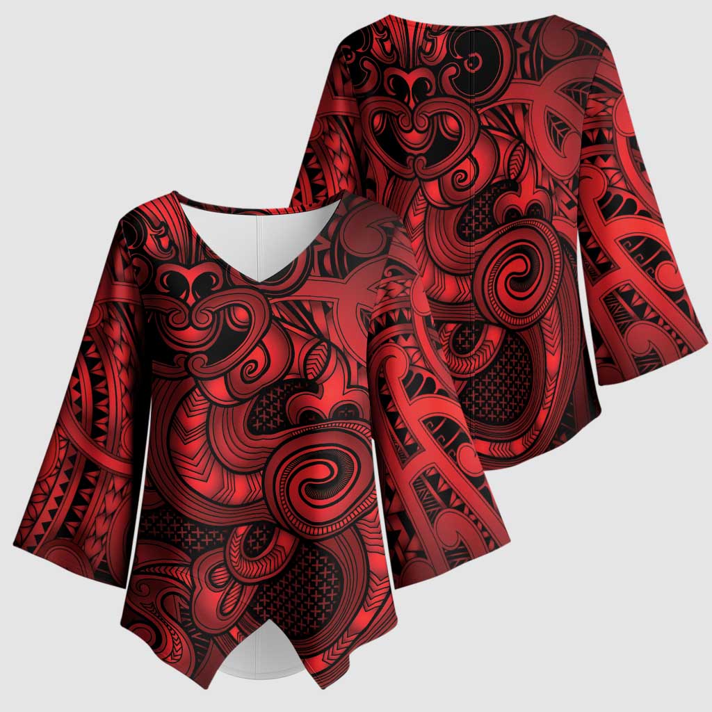 Aotearoa Maori Hei Tiki Kimono Sleeve Blouse Whero Kowhaiwhai Puhoro Motif LT9 - Polynesian Pride