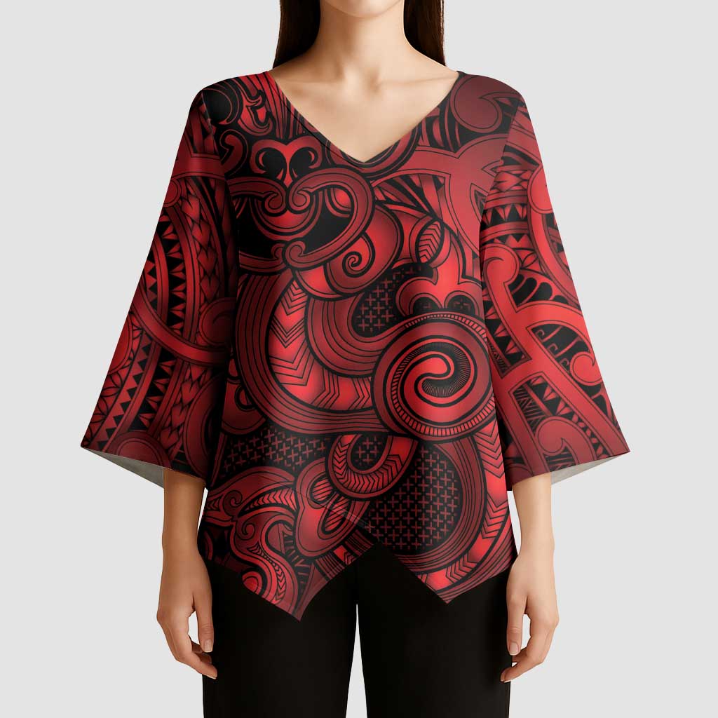 Aotearoa Maori Hei Tiki Kimono Sleeve Blouse Whero Kowhaiwhai Puhoro Motif LT9 - Polynesian Pride