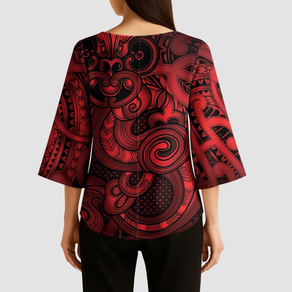Aotearoa Maori Hei Tiki Kimono Sleeve Blouse Whero Kowhaiwhai Puhoro Motif LT9 - Polynesian Pride