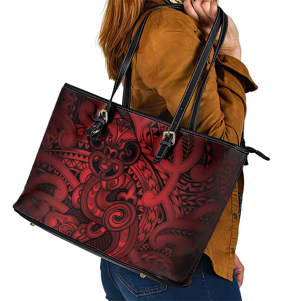 Aotearoa Maori Hei Tiki Leather Tote Bag Whero Kowhaiwhai Puhoro Motif LT9 - Polynesian Pride