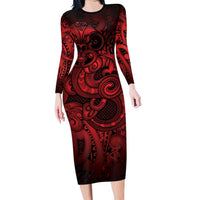 Aotearoa Maori Hei Tiki Long Sleeve Bodycon Dress Whero Kowhaiwhai Puhoro Motif LT9 Long Dress Red - Polynesian Pride