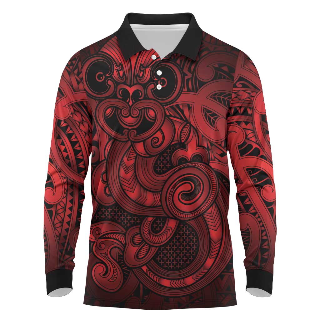 Aotearoa Maori Hei Tiki Long Sleeve Polo Shirt Whero Kowhaiwhai Puhoro Motif LT9 Red - Polynesian Pride