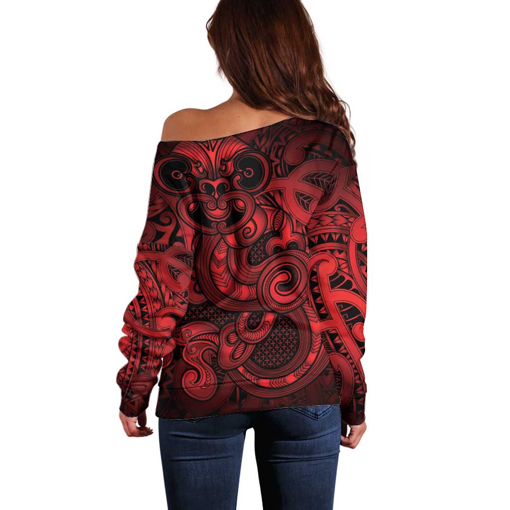 Aotearoa Maori Hei Tiki Off Shoulder Sweater Whero Kowhaiwhai Puhoro Motif LT9 - Polynesian Pride