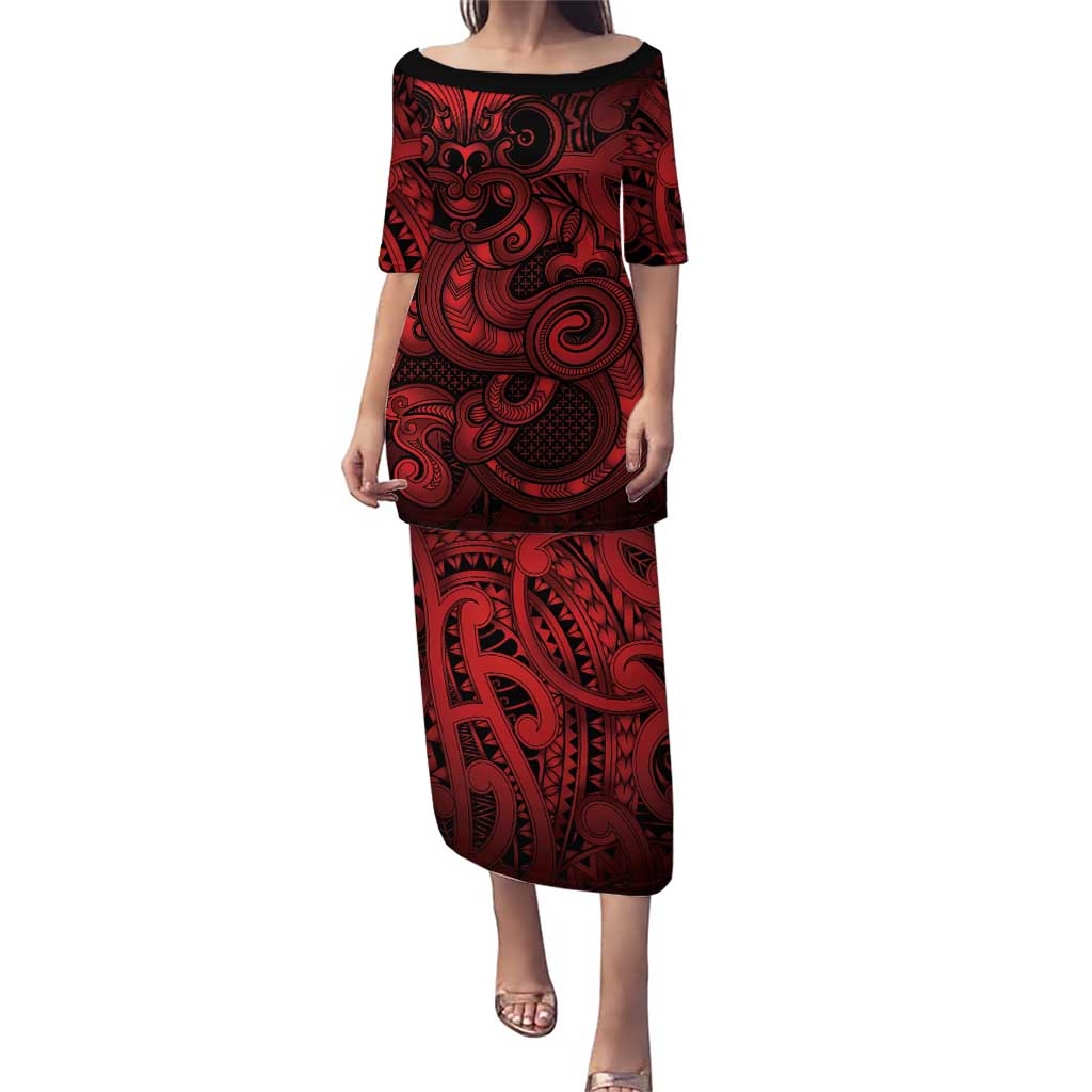 Aotearoa Maori Hei Tiki Puletasi Whero Kowhaiwhai Puhoro Motif LT9 Long Dress Red - Polynesian Pride