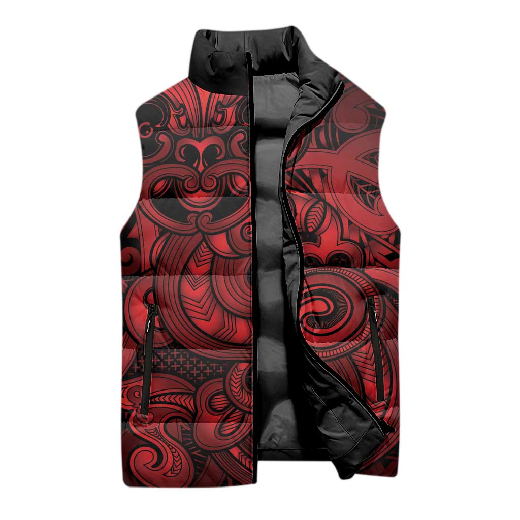 Aotearoa Maori Hei Tiki Sleeveless Puffer Jacket Whero Kowhaiwhai Puhoro Motif