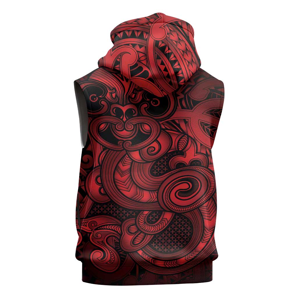 Aotearoa Maori Hei Tiki Sleeveless Zip Hoodie Whero Kowhaiwhai Puhoro Motif LT9 - Polynesian Pride