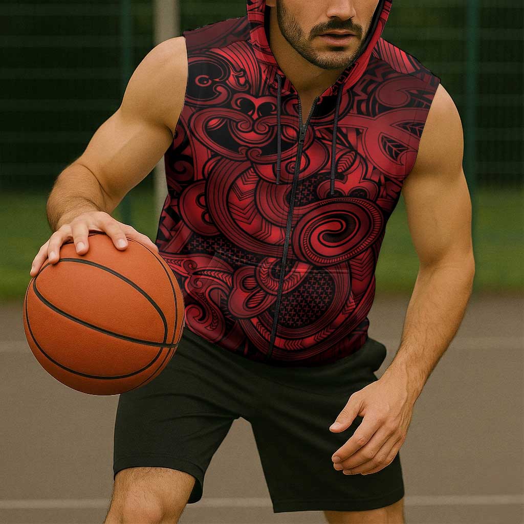 Aotearoa Maori Hei Tiki Sleeveless Zip Hoodie Whero Kowhaiwhai Puhoro Motif LT9 - Polynesian Pride