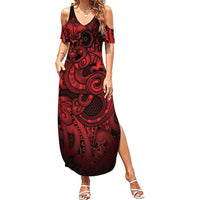 Aotearoa Maori Hei Tiki Summer Maxi Dress Whero Kowhaiwhai Puhoro Motif LT9 Women Red - Polynesian Pride