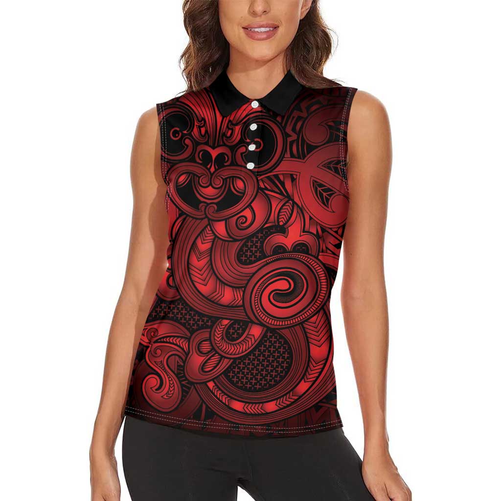 Aotearoa Maori Hei Tiki Women Sleeveless Polo Shirt Whero Kowhaiwhai Puhoro Motif LT9 - Polynesian Pride